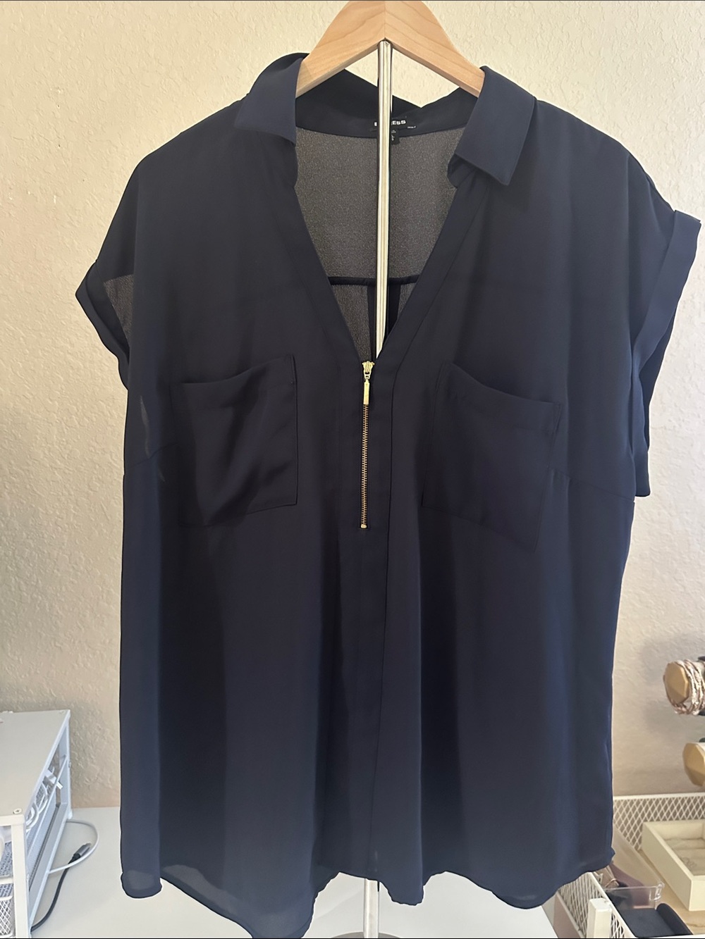 Express Navy Blue Zip Front Short Sleeve Blouse